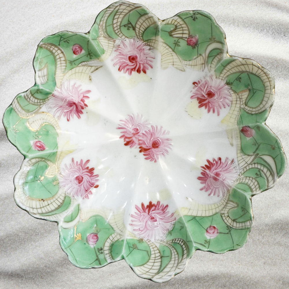 Vintage Footed Japanese Moriage Bowl Pink & Green Floral Tripod Dish Grandmacore